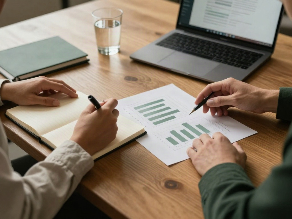 A close-up of a business review with data charts, notes and a laptop